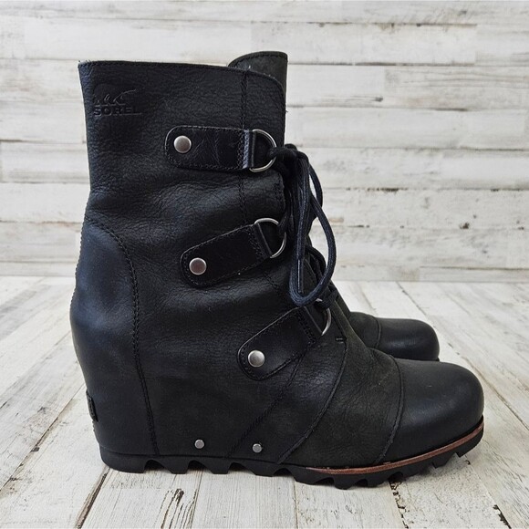 SOREL Joan Of Arctic Leather Wedge Mid Winter Ankle Boots in Black NL1987 - Picture 4 of 11